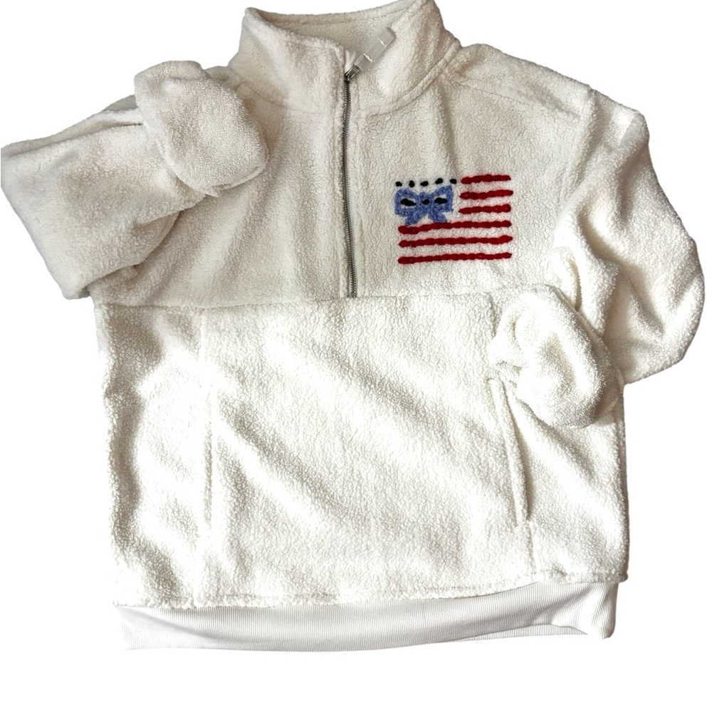 Girls 14 White Fleece Pullover with Hand Drawn and Embroidered Flag Design